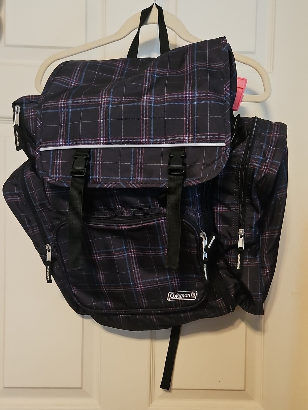 Coleman Men's Black Plaid Backpack with Purple Trim